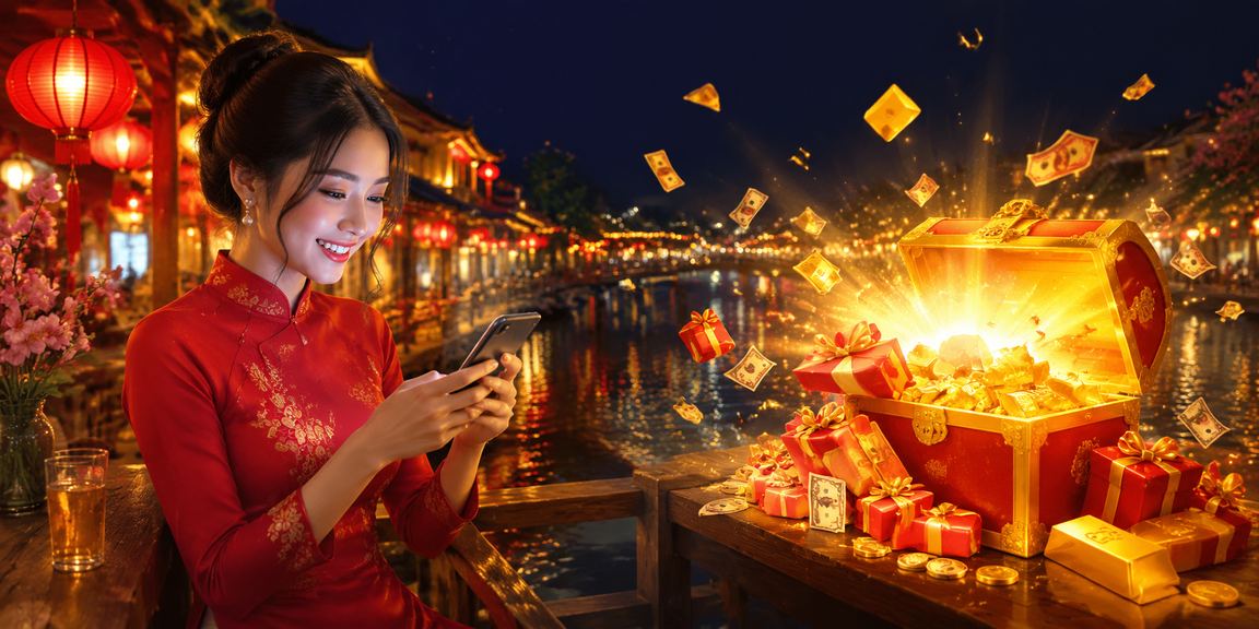 Người dùng Hà Nội dùng điện thoại chơi casino tại chợ đêm với ánh đèn lung linh