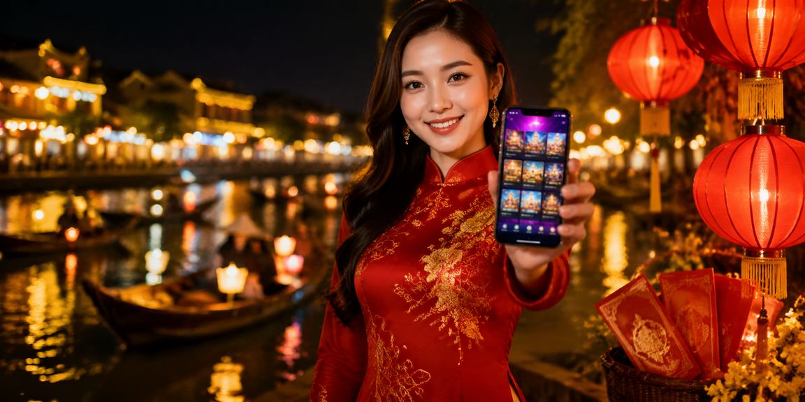 Phong bì đỏ và áo dài tại Hội An gợi lên không khí lễ hội cá cược Tết Việt Nam